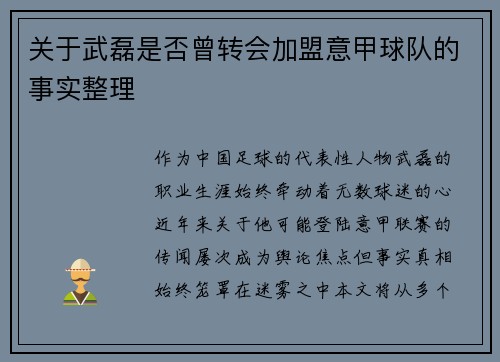 关于武磊是否曾转会加盟意甲球队的事实整理