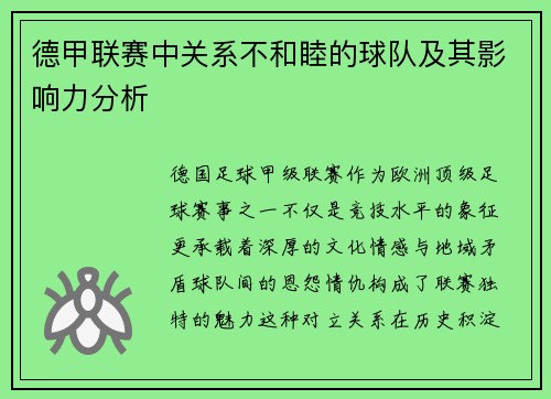 德甲联赛中关系不和睦的球队及其影响力分析