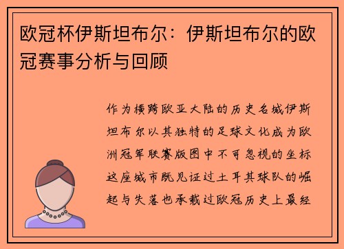 欧冠杯伊斯坦布尔：伊斯坦布尔的欧冠赛事分析与回顾